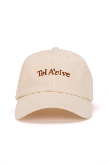A beige 'Tel A'vive' baseball cap with embroidery on the front.