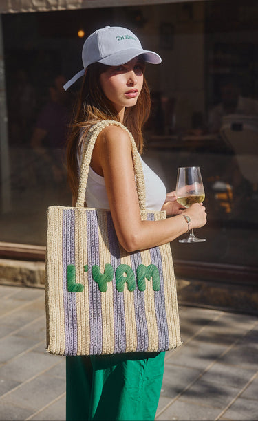 L’Yam Red and Green Raffia Tote